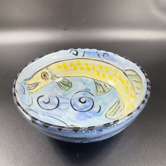 Hand Made Italian Pottery Dish Bowl Artist Signed Hand Painted Fish Animal Dish - Picture 8 of 12
